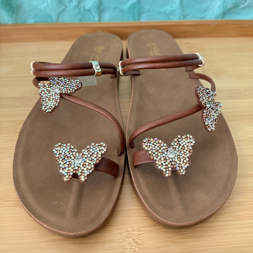 Y2K Butterfly Fairy Boho Whimsical Brown Resort Glam Chic Summer Size 10 Sandals